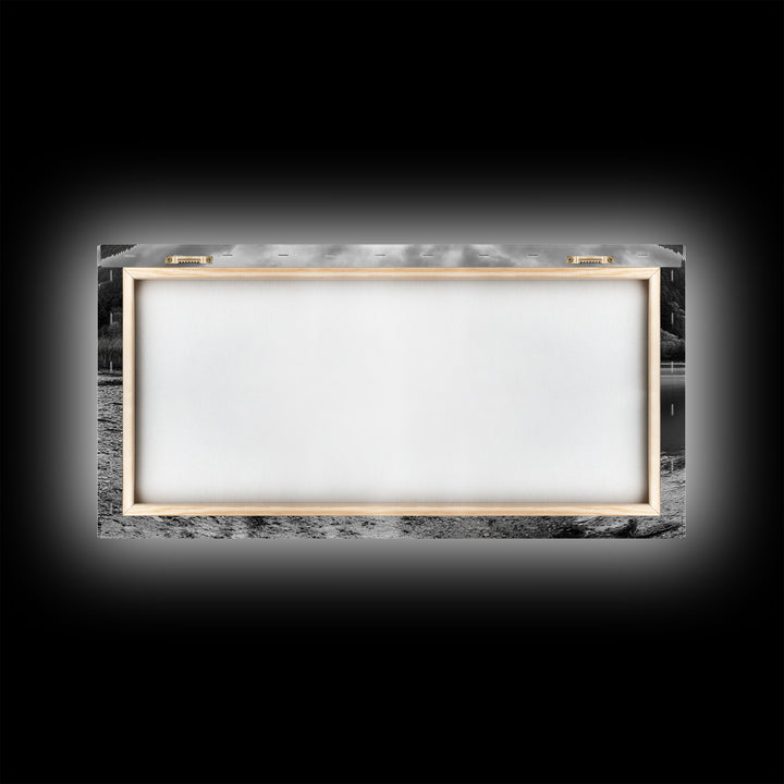 Abandoned Boat, Mountain Lake, Moody Shore, Nature Reflections, Framed Canvas Print, cabin wall art, explorer decor, grayscale nature