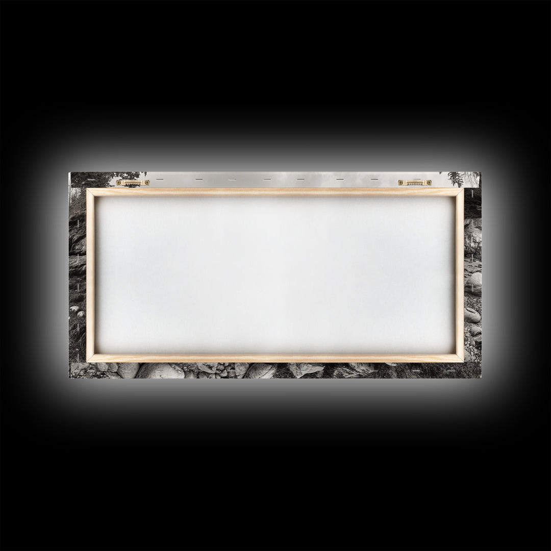 Rocky Coast, Forest Edge, Tranquil Shoreline, Earthy Landscape Scene, Canvas Print, Neutral Home Decor, Rustic Cabin Wall Art