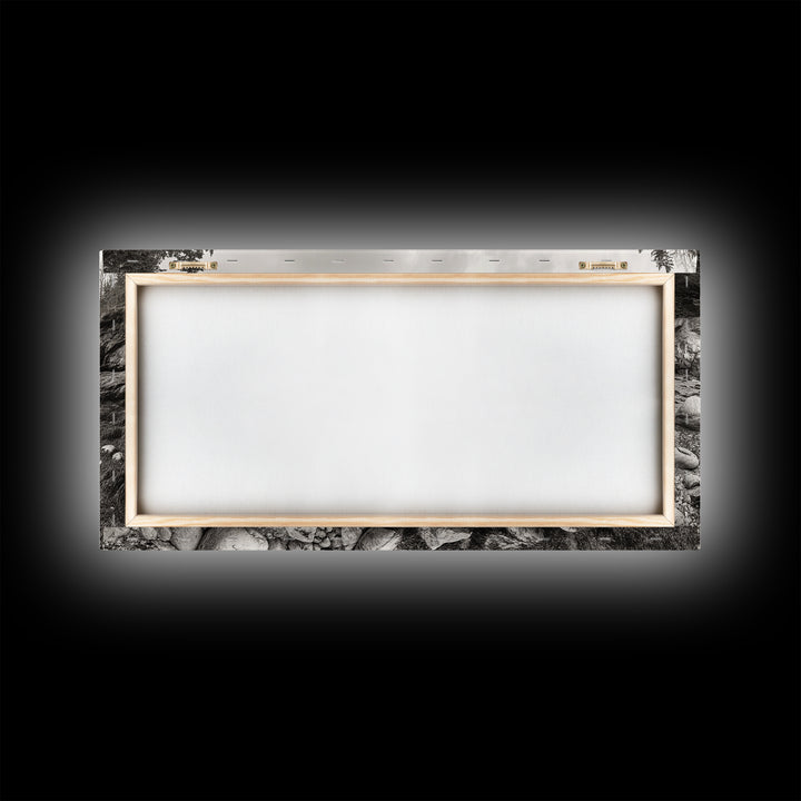 Rocky Coast, Forest Edge, Tranquil Shoreline, Earthy Landscape Scene, Canvas Print, Neutral Home Decor, Rustic Cabin Wall Art