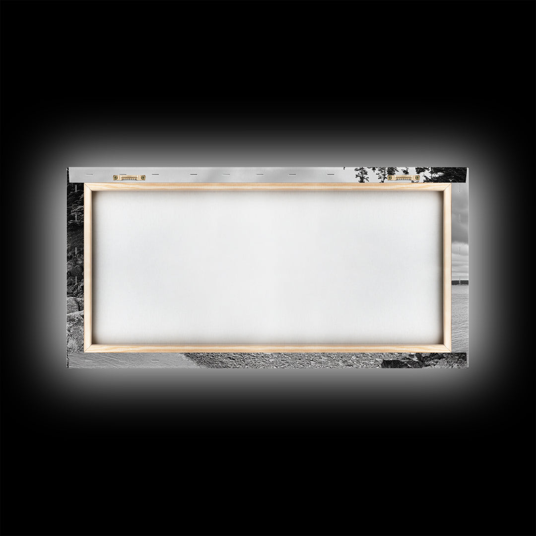 Rocky Shore, Coastal Forest, Black White Landscape, Nature Wall Decor, Framed Canvas Print, Cabin Living Room Art, Fall Inspired Scene