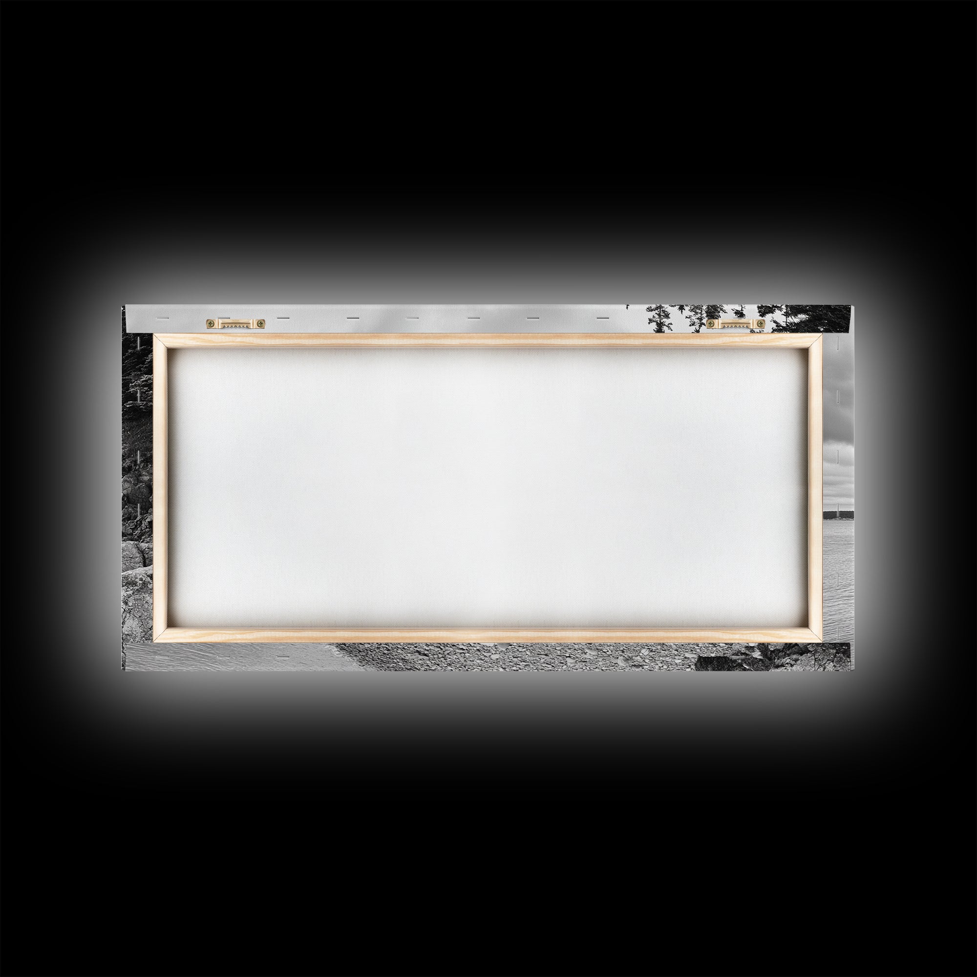 Rocky Shore, Coastal Forest, Black White Landscape, Nature Wall Decor, Framed Canvas Print, Cabin Living Room Art, Fall Inspired Scene