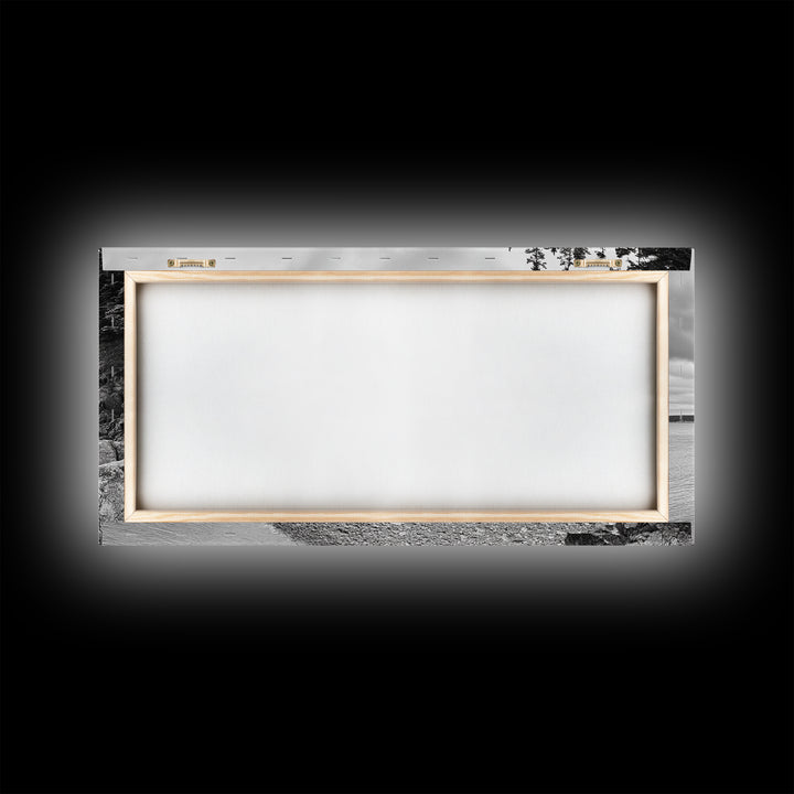 Rocky Shore, Coastal Forest, Black White Landscape, Nature Wall Decor, Framed Canvas Print, Cabin Living Room Art, Fall Inspired Scene