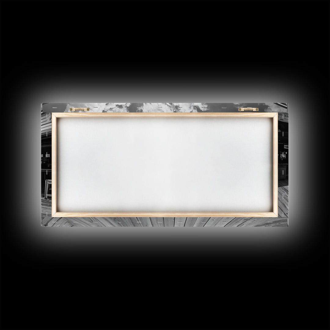 Boardwalk View, Beach Shops, Summer Scene, Coastal Town, Framed Canvas Print, Nautical Wall Art, Dining Room Coastal Decor