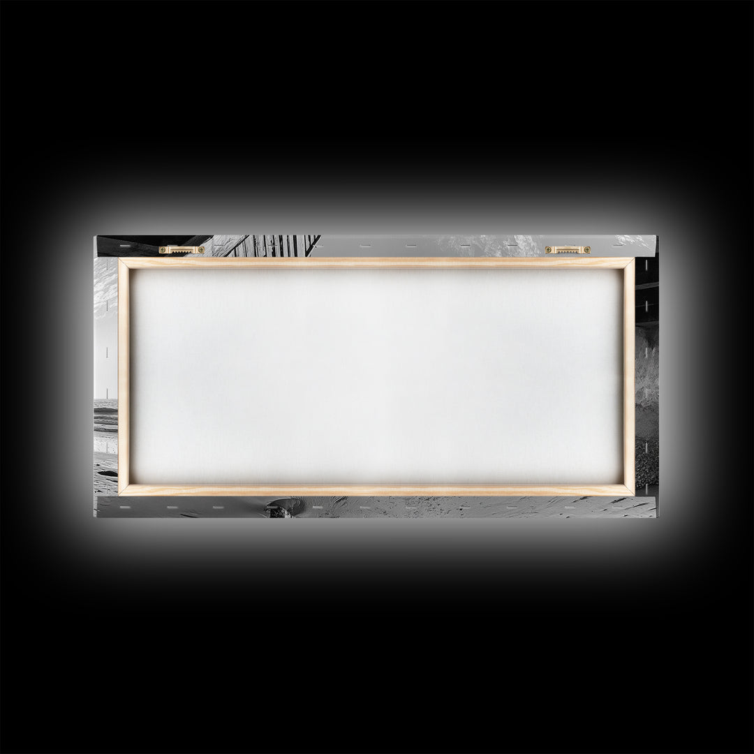 Coastal Cliff View, Seaside Escape, Beachside Structure, Framed Canvas Print, Rustic Wall Art, Modern Coastal Living Room Decor