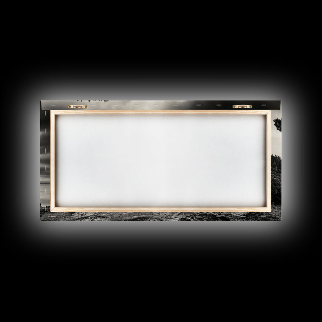 Coastal Tree, Windswept Cliff, Serene Horizon, Nature Escape, Framed Canvas Print, minimalist wall art, bedroom decor, zen nature print