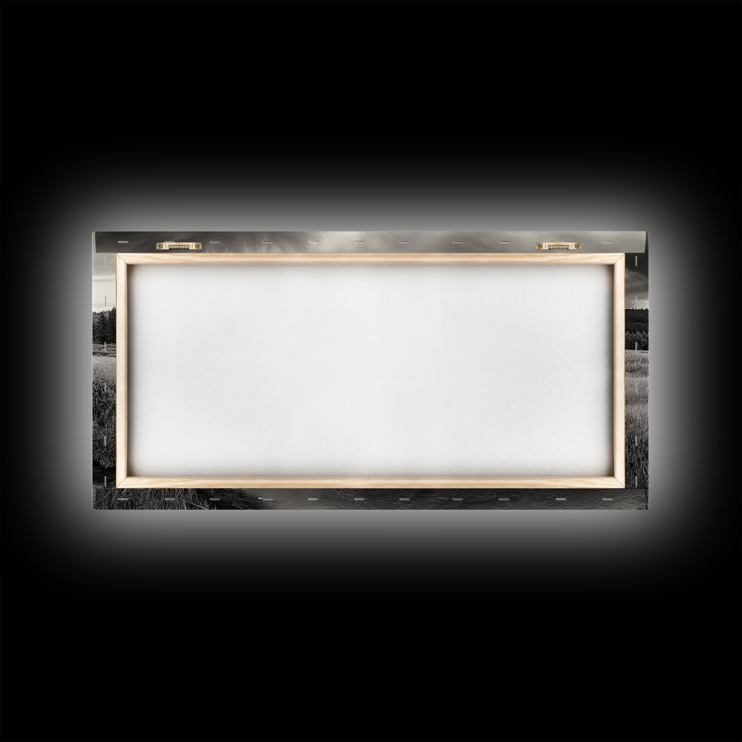 River Valley, Flowing Stream, Grassy Hills, Wilderness Calm, Framed Canvas Print, rustic home decor, Fall art, cabin wall landscape print