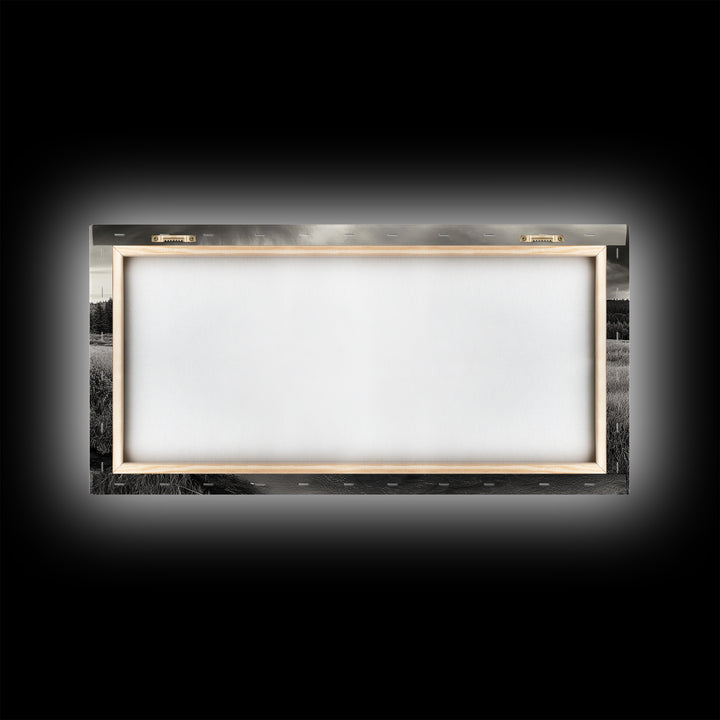 River Valley, Flowing Stream, Grassy Hills, Wilderness Calm, Framed Canvas Print, rustic home decor, Fall art, cabin wall landscape print