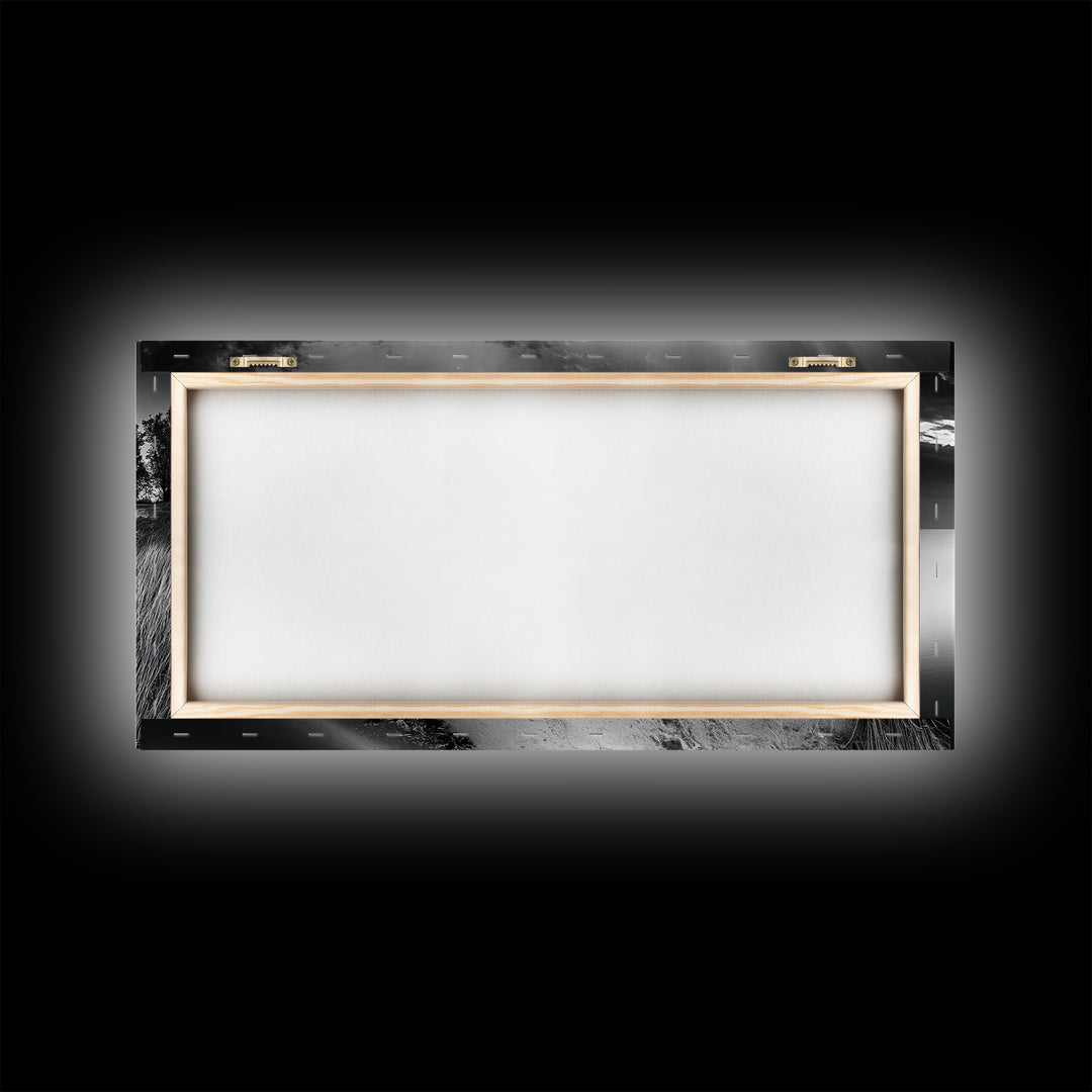 Calm Beach, Grassy Dunes, Serene Shoreline, Peaceful Water, Framed Canvas Print, Minimalist Art, Bedroom Wall Decor, Coastal Calm