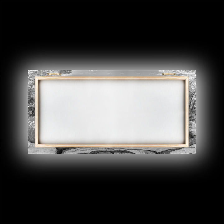 Rocky Cove, Tranquil Bay, Forest Edge, Panoramic Beach, Framed Canvas Print, Nature Art, Bathroom Wall Decor, Earthy Coastal View