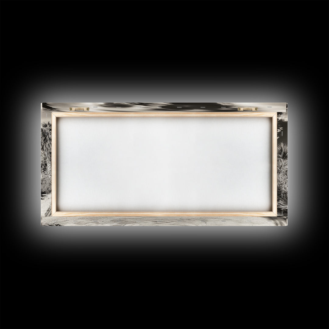 Desert Oasis, Palm Landscape, Nature Panorama, Framed Canvas Print, Tropical Wall Art, Living Room Decor, Boho Aesthetic, Sunlit Scene