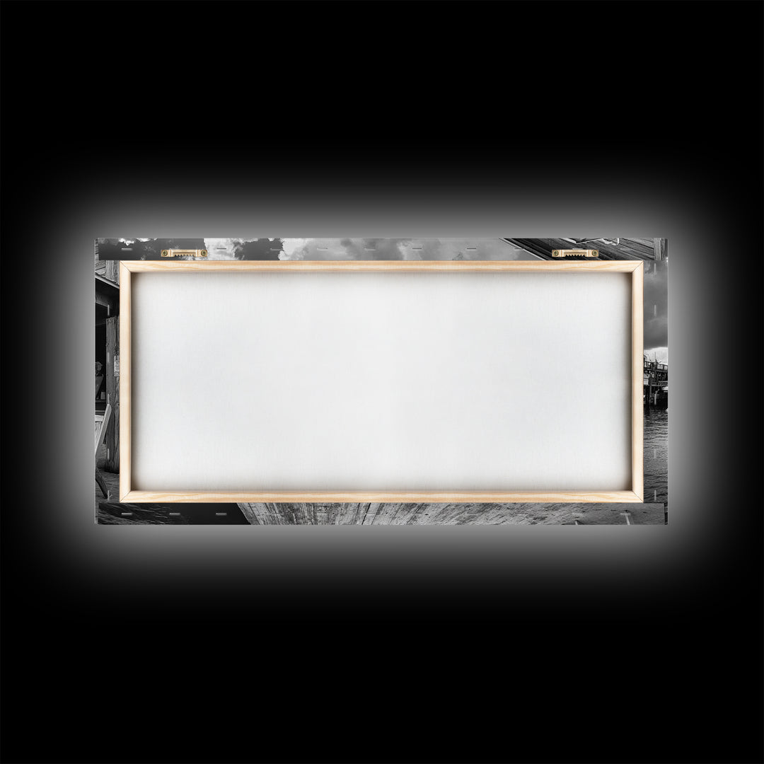 Dockside Market, Nautical Vibes, Fishing Village, Framed Canvas Print, Coastal Kitchen Art, Rustic Decor, Oceanfront Life Scene