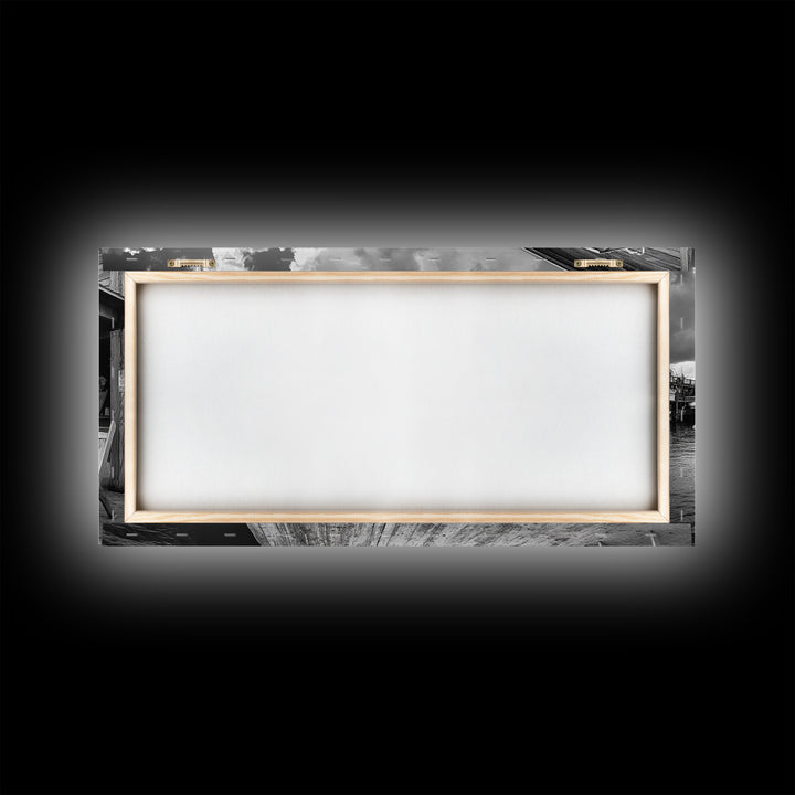 Dockside Market, Nautical Vibes, Fishing Village, Framed Canvas Print, Coastal Kitchen Art, Rustic Decor, Oceanfront Life Scene