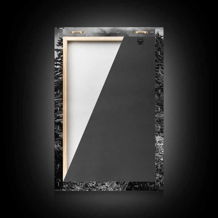 Rugged Ocean View, Coastal Forest, Black and White Mountains, Pacific Northwest Vibes, Framed Canvas Print, Den Wall Art, Moody Cabin Decor