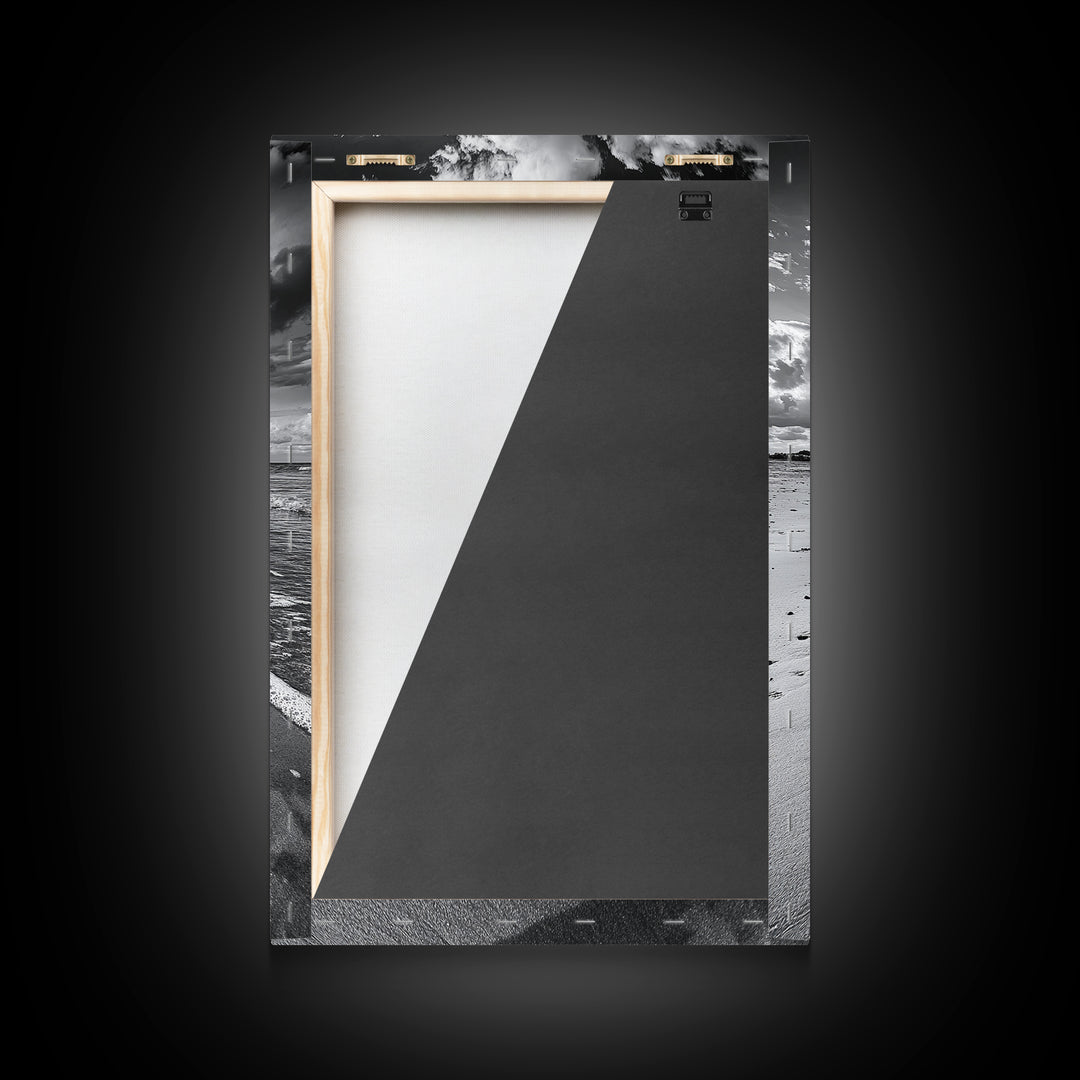 Autumn Beach Leaf, Drift Shore, Moody Cloudscape, Black and White Fall Art, Framed Canvas Print, Seasonal Wall Decor, Rustic Autumn Style