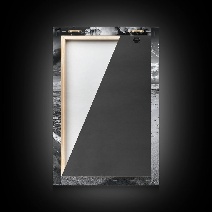 Autumn Beach Leaf, Drift Shore, Moody Cloudscape, Black and White Fall Art, Framed Canvas Print, Seasonal Wall Decor, Rustic Autumn Style