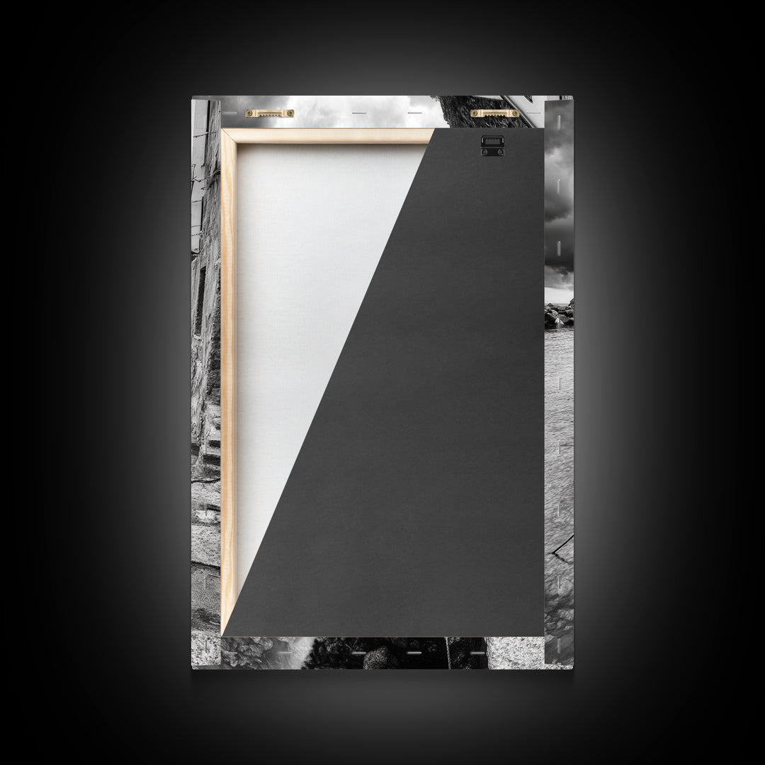 Coastal Village, Fishing Boats, Mediterranean Harbor, Seaside Charm, Framed Canvas Print, Nautical Kitchen Wall Art, Fall Decor Accent