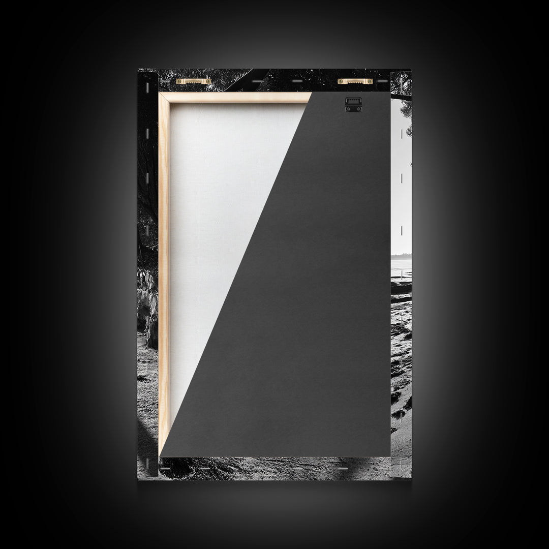 Coastal Shadows Path, Black and White Landscape, Framed Canvas Print, Entryway Art, Calm Nature Scene, Moody Coastal Wall Decor