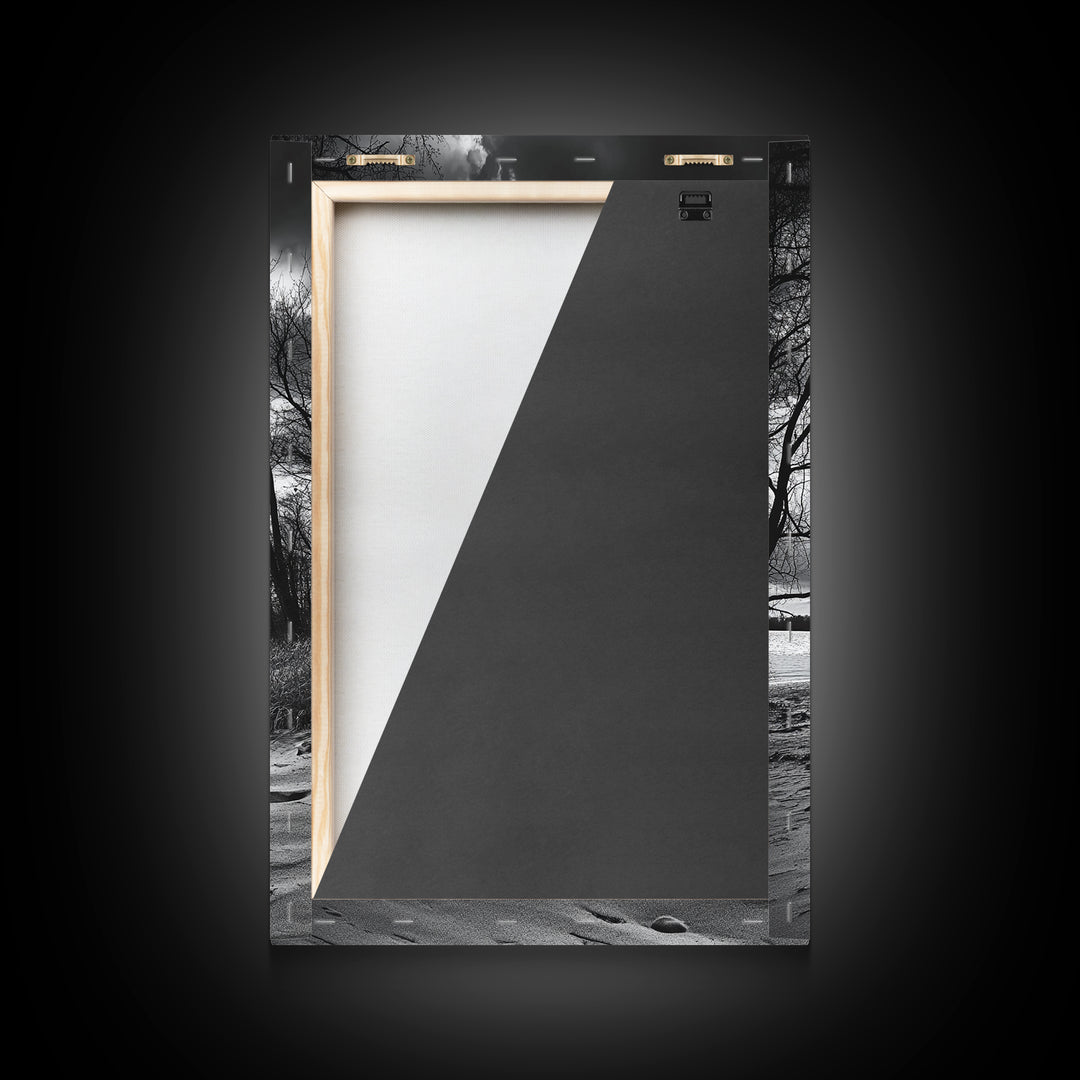 Dramatic Beach Sunset, Bare Trees Silhouette, Nature Photography, Framed Canvas Print, Fall Wall Art, Entryway Decor, Rustic Minimalist