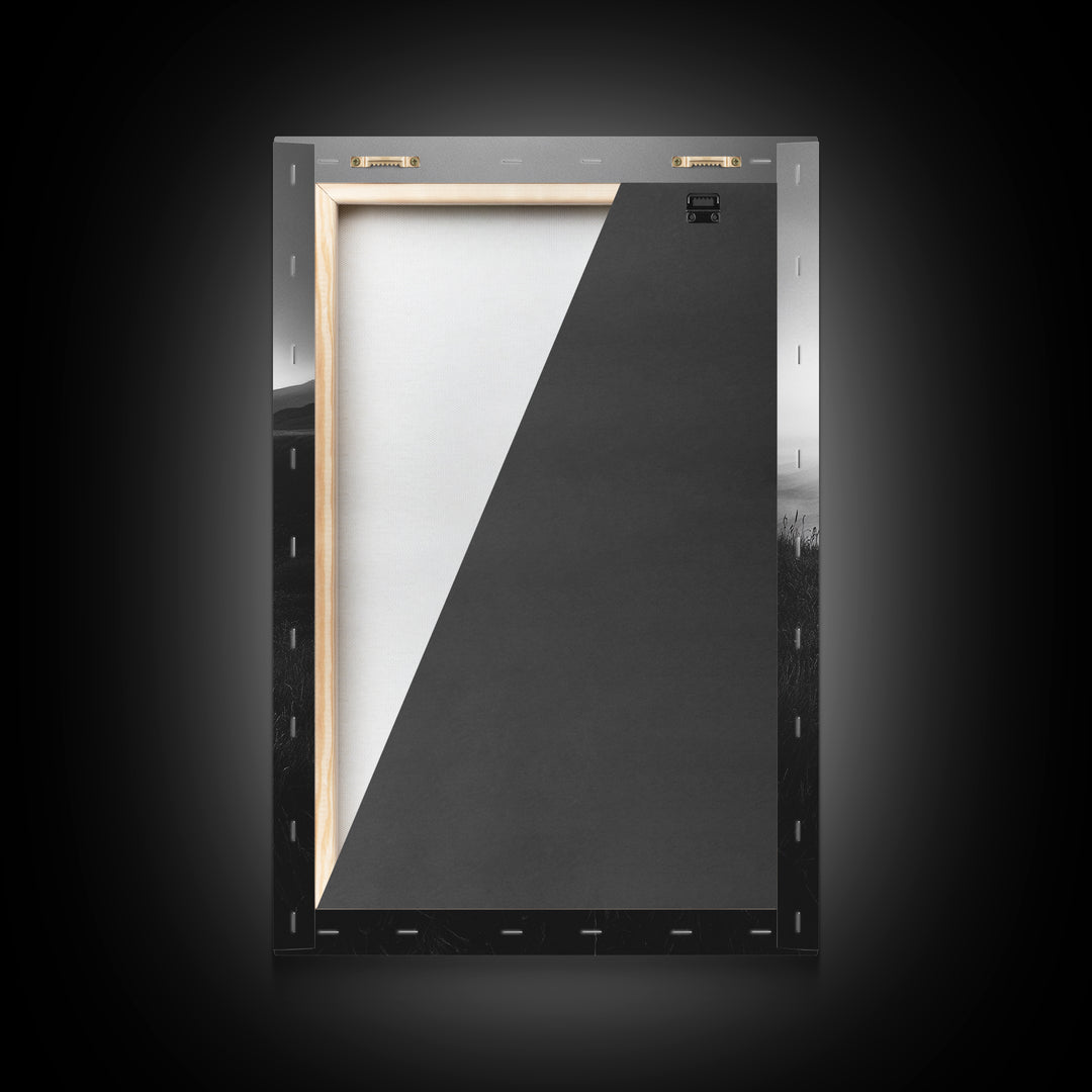 Rolling Mist Hills, Dreamy Countryside, Framed Canvas Print, Black and White Wall Art, Bedroom Calm Decor, Nature Landscape