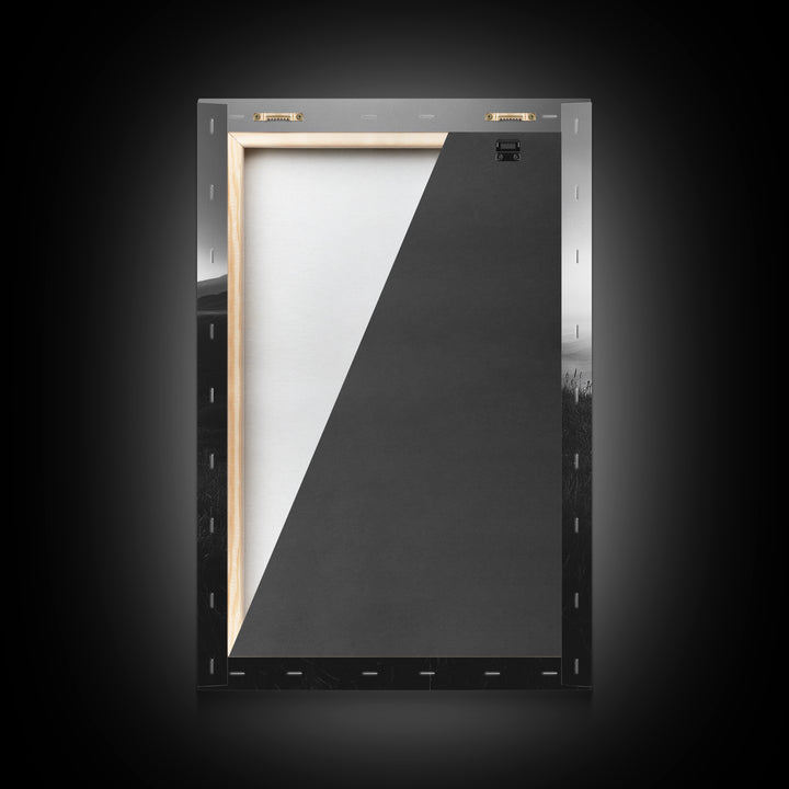 Rolling Mist Hills, Dreamy Countryside, Framed Canvas Print, Black and White Wall Art, Bedroom Calm Decor, Nature Landscape