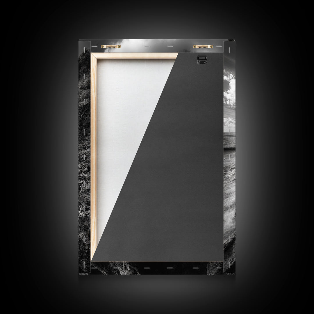 Coastal Cliffs, Ocean Horizon, Wild Waves, Framed Canvas Print, Bathroom Wall Art, Black and White Seascape, Coastal Decor, Moody Art