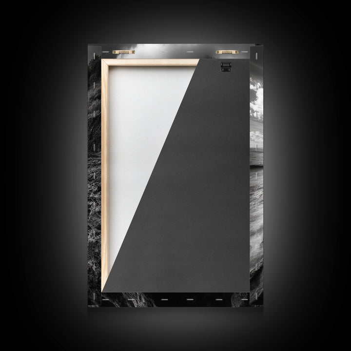 Coastal Cliffs, Ocean Horizon, Wild Waves, Framed Canvas Print, Bathroom Wall Art, Black and White Seascape, Coastal Decor, Moody Art