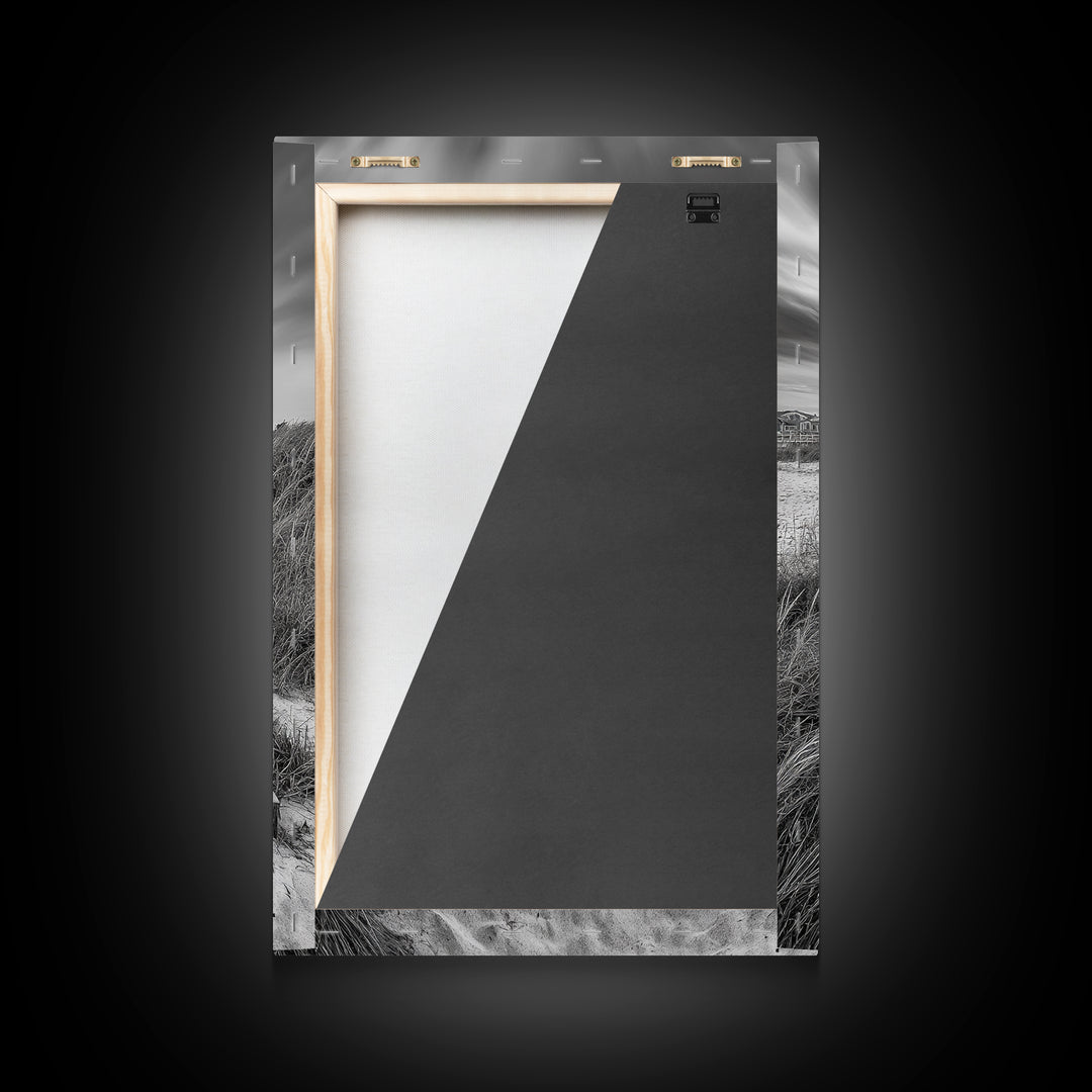 Beach House, Boardwalk Path, Coastal Architecture, Framed Canvas Print, Hallway Wall Art, Neutral Tones, Minimalist Coastal Style