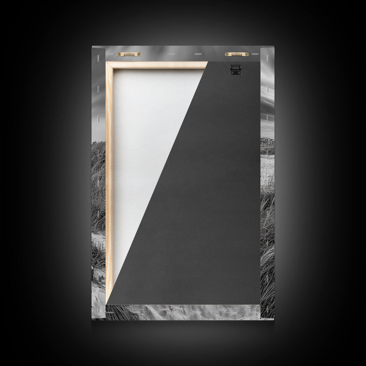 Beach House, Boardwalk Path, Coastal Architecture, Framed Canvas Print, Hallway Wall Art, Neutral Tones, Minimalist Coastal Style