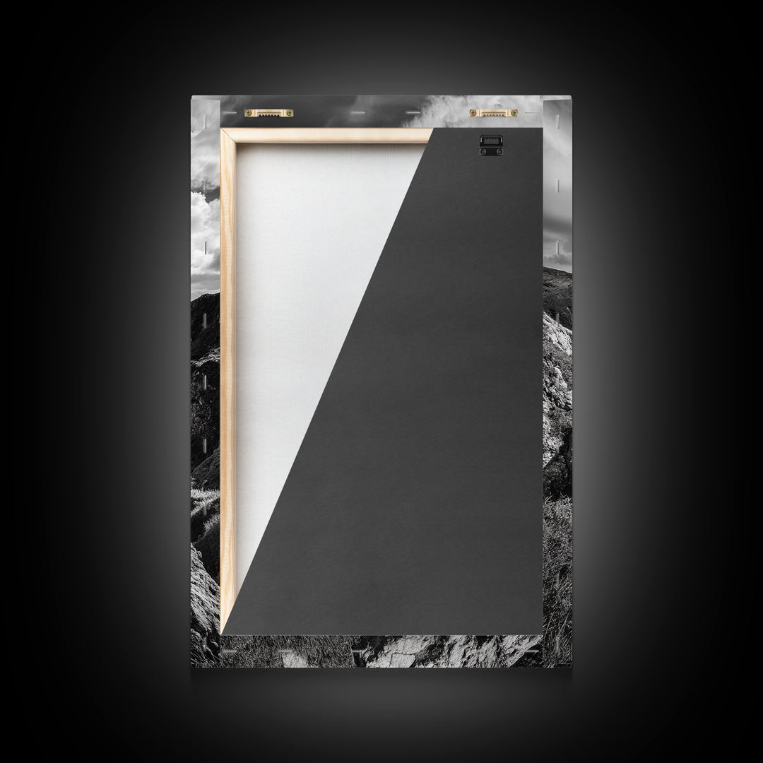 Rugged Cliffs, Ocean View, Coastal Escape, Framed Canvas Print, black and white coastal art, beach house wall decor, moody ocean print