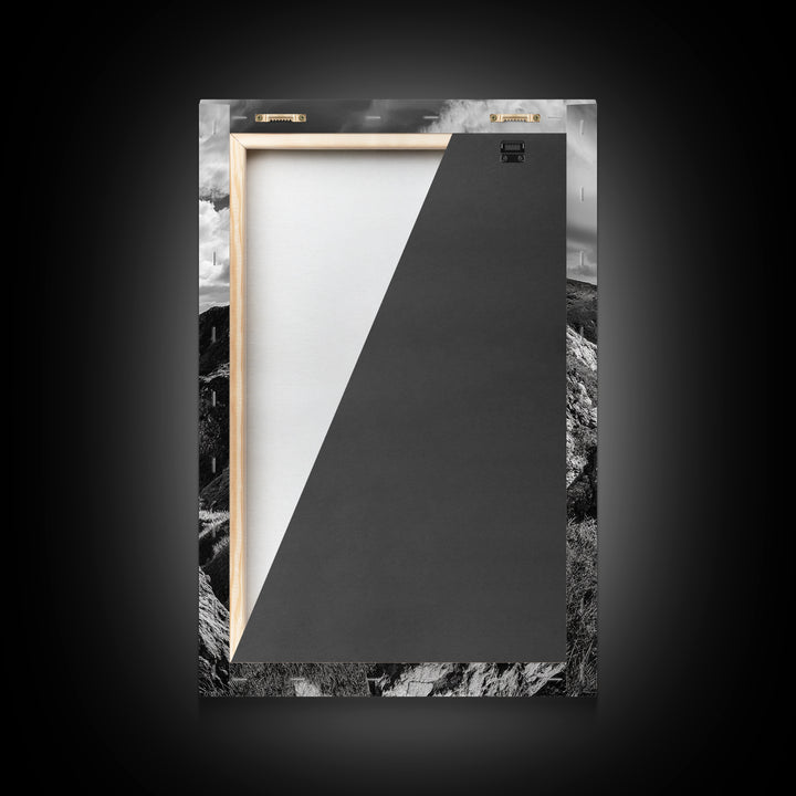 Rugged Cliffs, Ocean View, Coastal Escape, Framed Canvas Print, black and white coastal art, beach house wall decor, moody ocean print