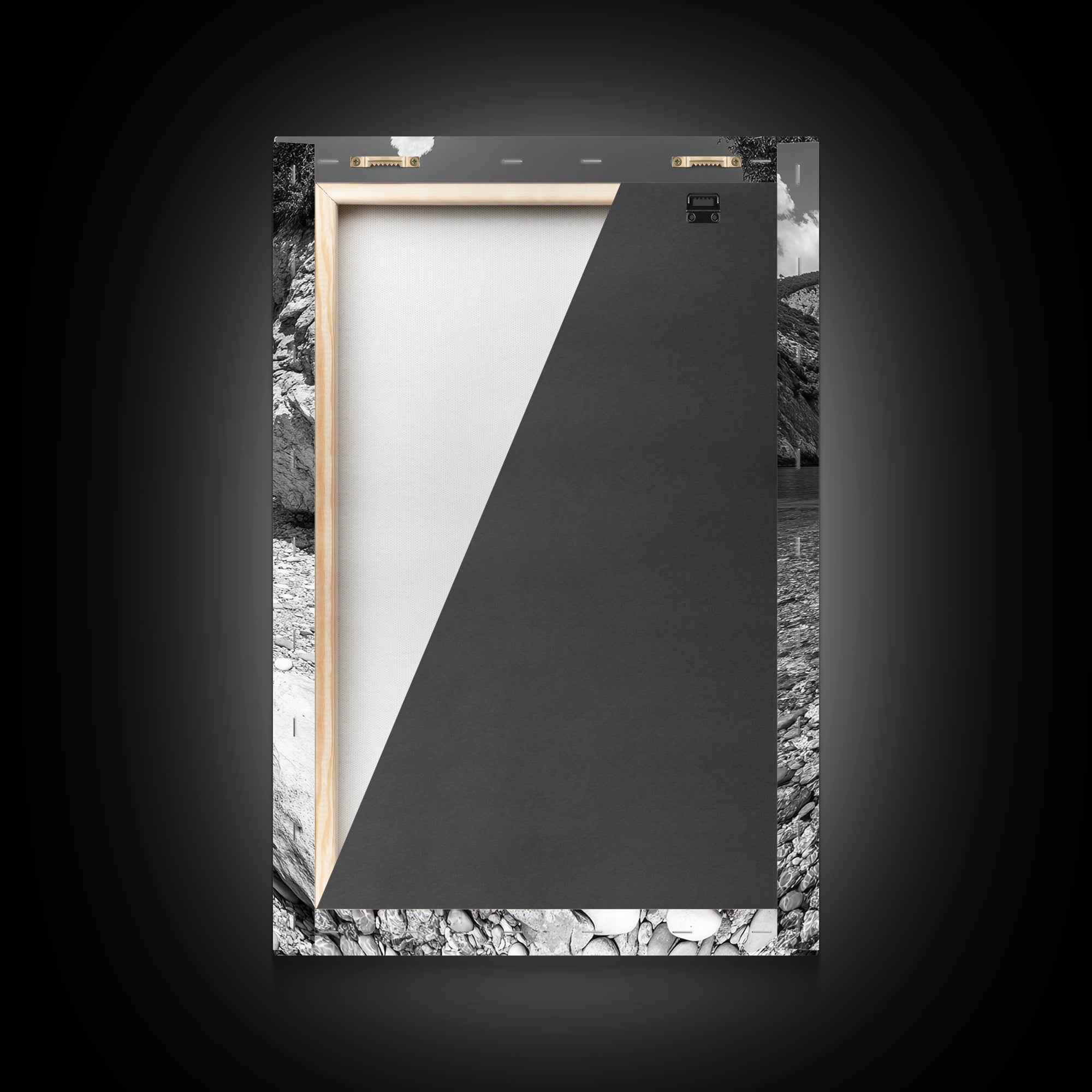 Rocky Beach, Crystal Water, Mountain Backdrop, Framed Canvas Print, tranquil lake art, minimalist decor, natural wall art