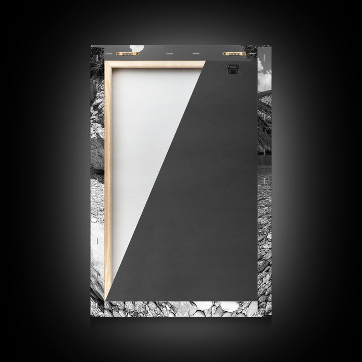 Rocky Beach, Crystal Water, Mountain Backdrop, Framed Canvas Print, tranquil lake art, minimalist decor, natural wall art