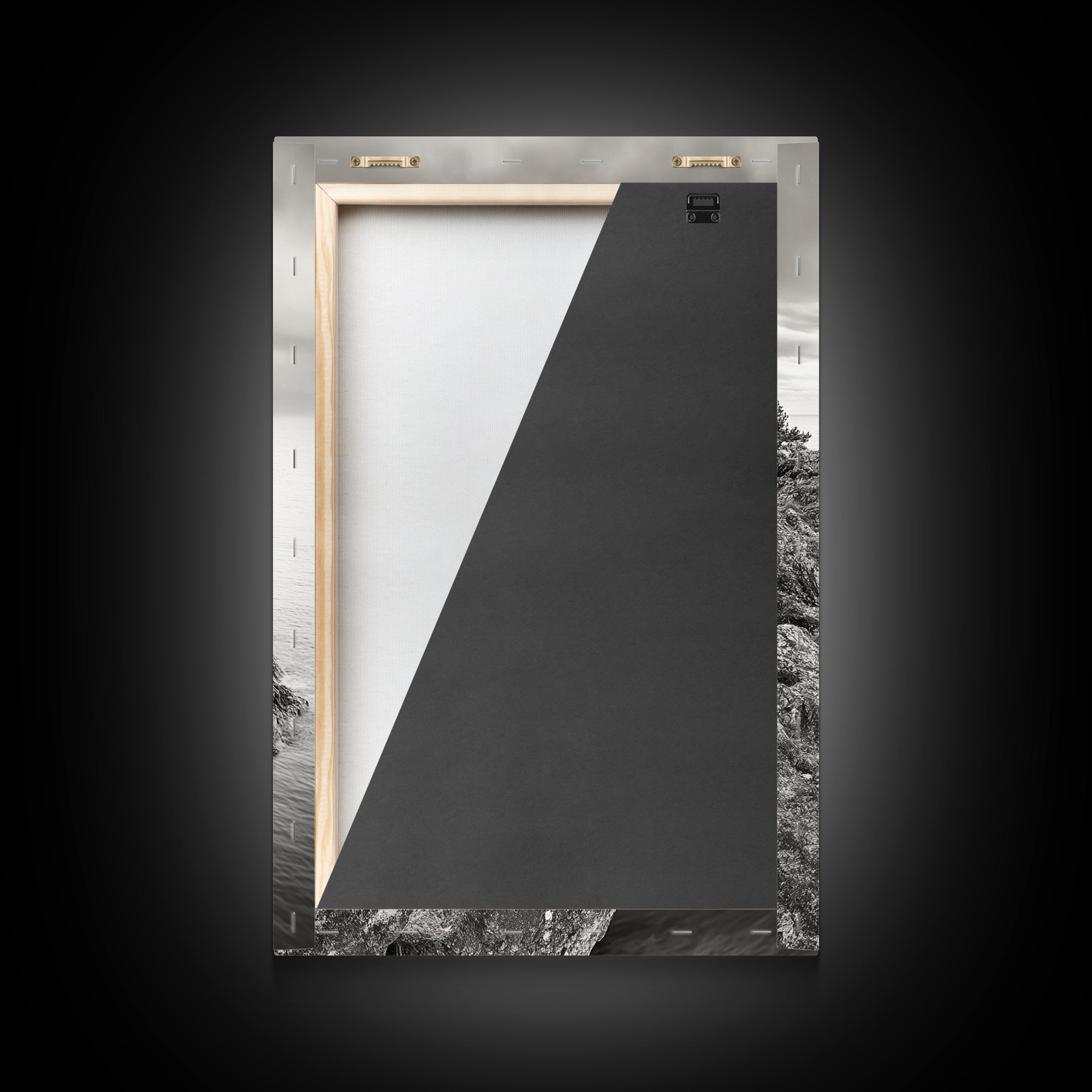 Rocky Coast, Lone Trees, Ocean View, Monochrome Calm, Framed Canvas Print, Bathroom Wall Art, Coastal Style, Minimalist Mountain Art