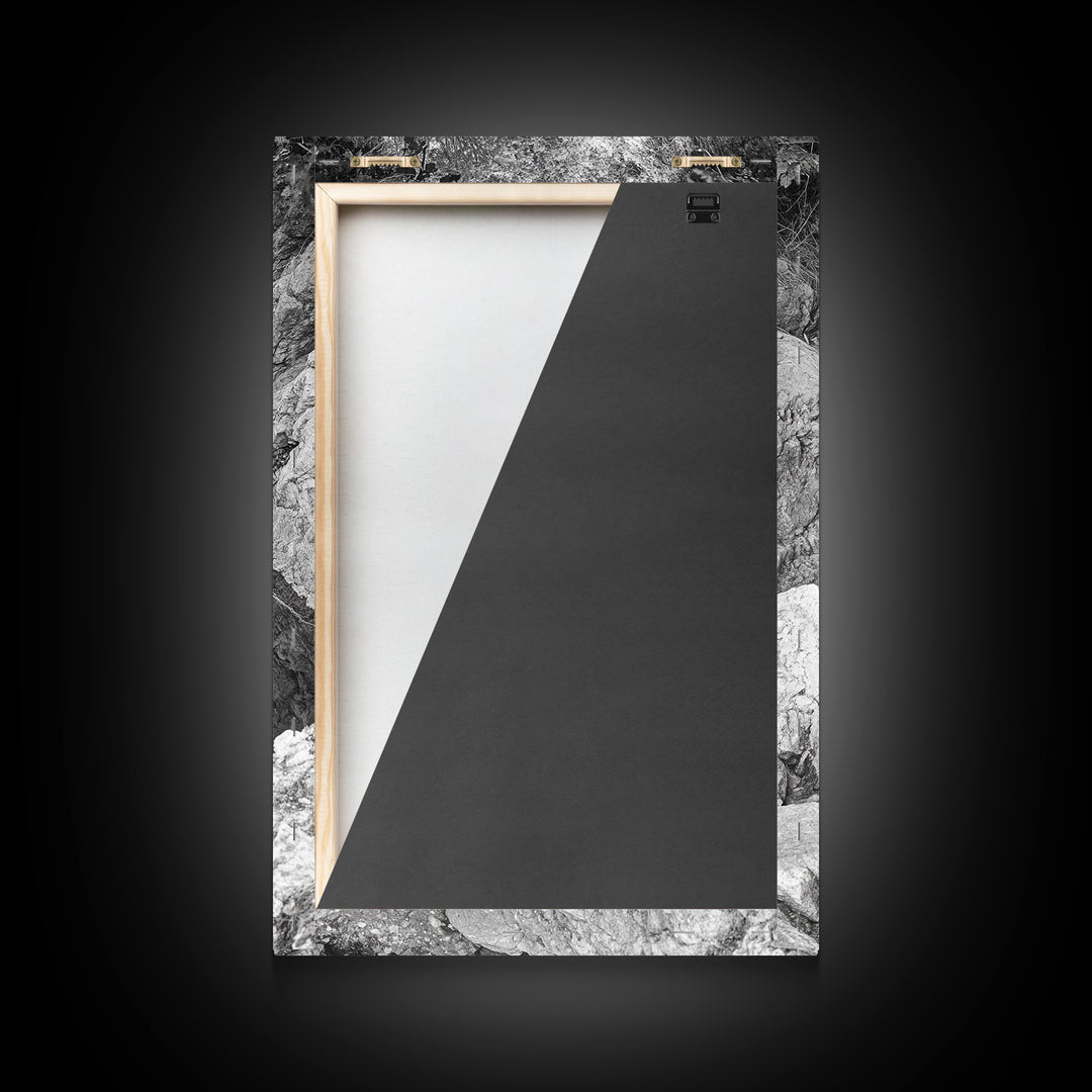 Reflective Rock Pool, Tranquil Nature, Monochrome Landscape, Black and White Framed Canvas Print, Minimalist Bathroom or Spa Wall Art