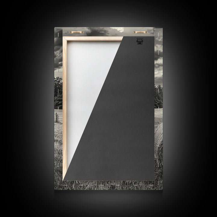 Autumn Hay Bale, Farm Field Scene, Country Landscape, Black and White Canvas Print, Rustic Kitchen or Fall Living Room Wall Art