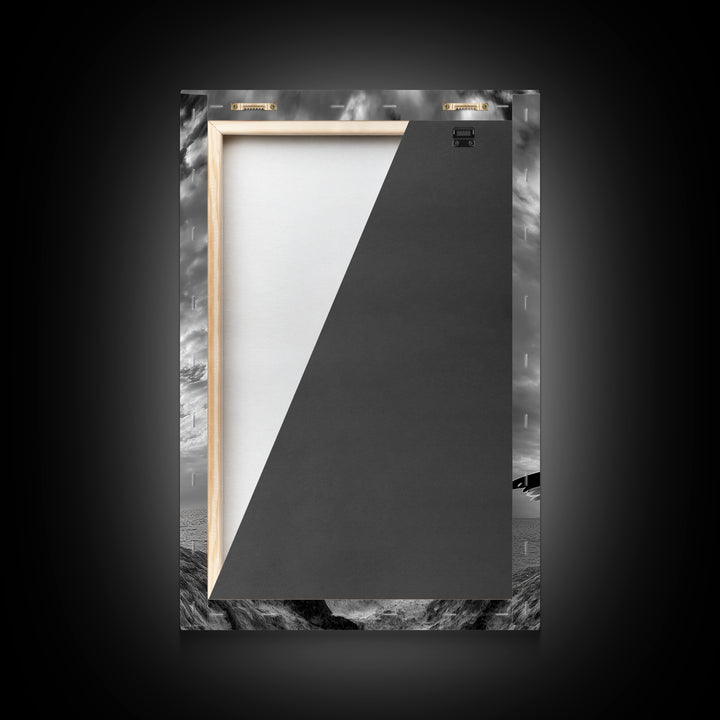 Coastal Seagull, Ocean Breeze, Serene Sky, Seaside Moment Framed Canvas Print, coastal decor, nautical bathroom wall art, nature photography