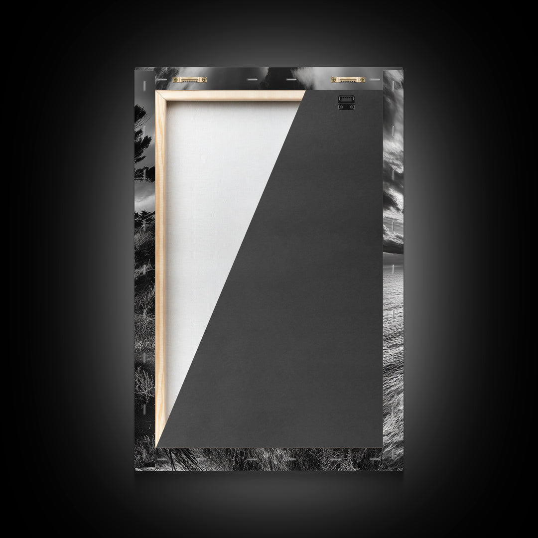 Coastal Pines, Rocky Shore, Windswept Tree, Wild Ocean Framed Canvas Print, rustic cabin art, black and white beach wall decor