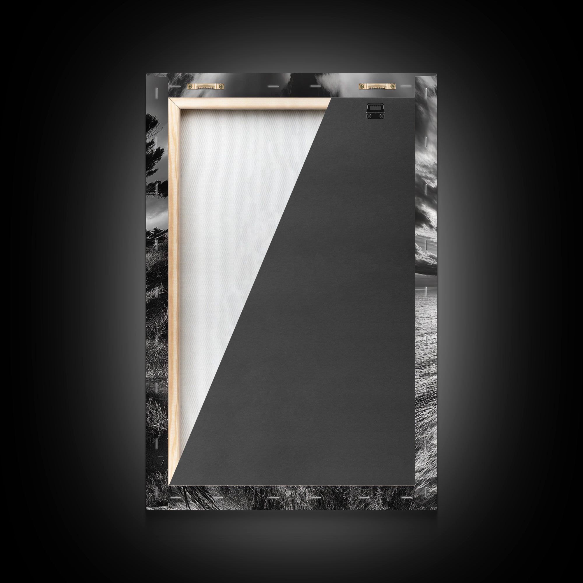 Coastal Pines, Rocky Shore, Windswept Tree, Wild Ocean Framed Canvas Print, rustic cabin art, black and white beach wall decor