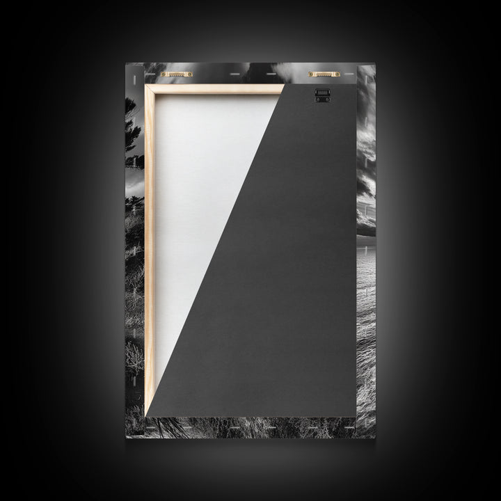 Coastal Pines, Rocky Shore, Windswept Tree, Wild Ocean Framed Canvas Print, rustic cabin art, black and white beach wall decor