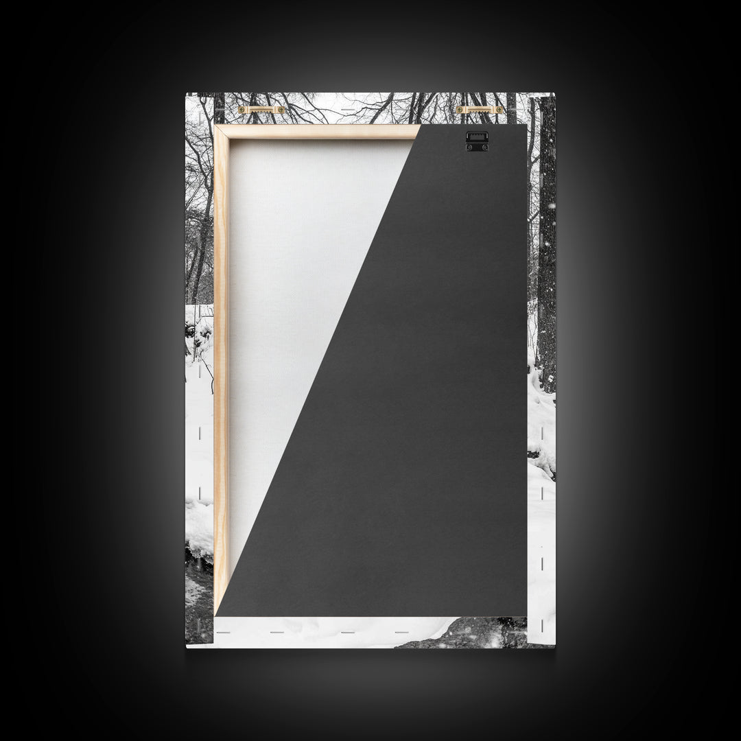 Stone Bridge, Winter Stream, Historic Pathway, Framed Canvas Print, Snowy Landscape Art, Traditional Living Room Wall Decor