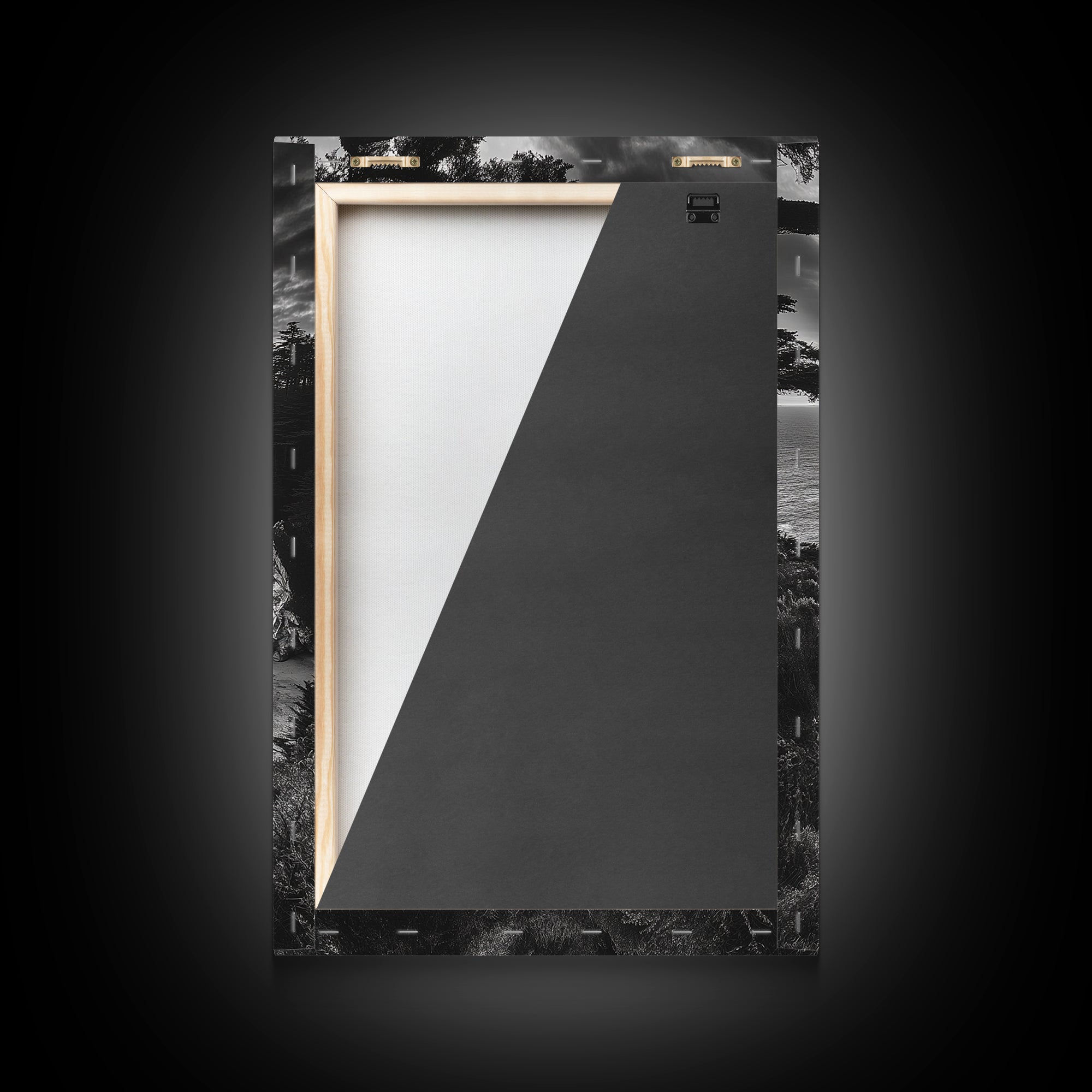 Cliffside Ocean View, Sunset Horizon, Trees Framing Sky, Canvas Print, Coastal Landscape Art, Cabin Living Room Decor, Moody Style