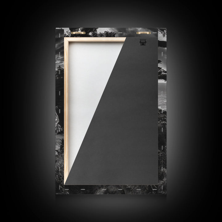 Cliffside Ocean View, Sunset Horizon, Trees Framing Sky, Canvas Print, Coastal Landscape Art, Cabin Living Room Decor, Moody Style