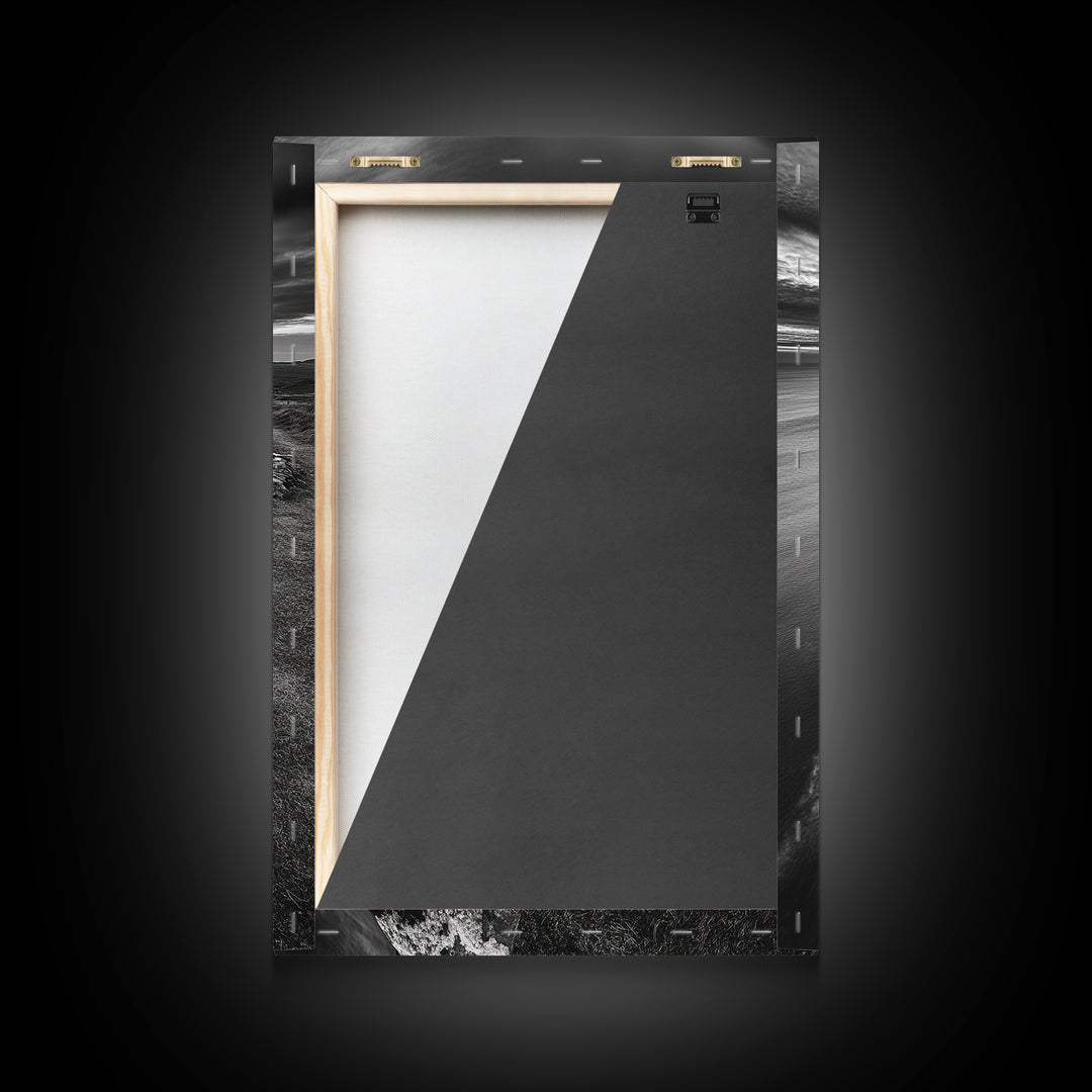 Rugged Sea Cliffs, Sunset Horizon, Serene Waters, Framed Canvas Print, Modern Nature Wall Art, Office Decor, Coastal Aesthetic