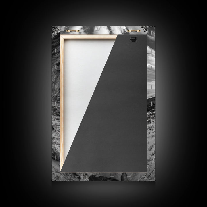 Driftwood Coastal Trail, Cliffside Path Nature Art, Rustic Cabin Style, Black White Photography, Framed Canvas Print, Hallway Wall Decor