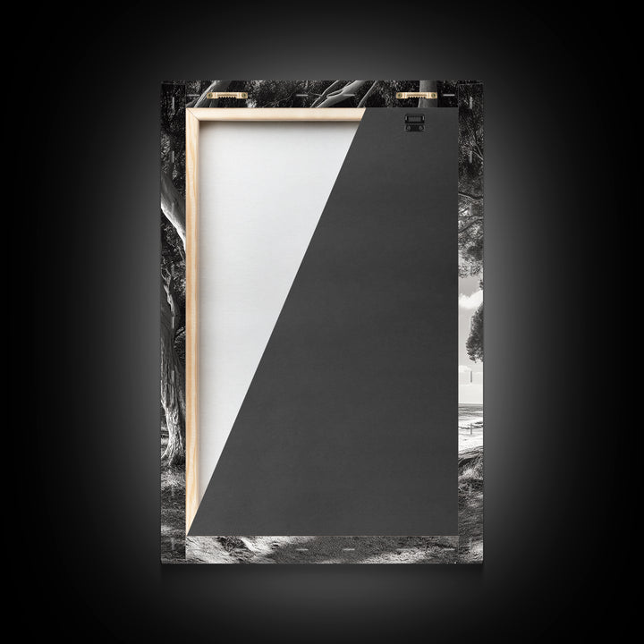 Coastal Tree Path, Nature Shadows, Ocean Breeze, Autumn Light, Framed Canvas Print, Living Room Wall Art, Moody Landscape Photography