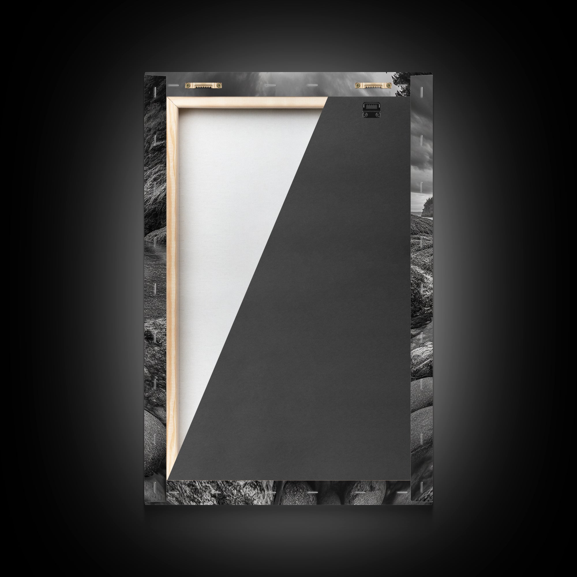 Rocky Shoreline Calm, Pebble Tidepool, Ocean Cliffs, Nature Escape, Canvas Print, Bathroom Wall Art, Black and White Coastal Art