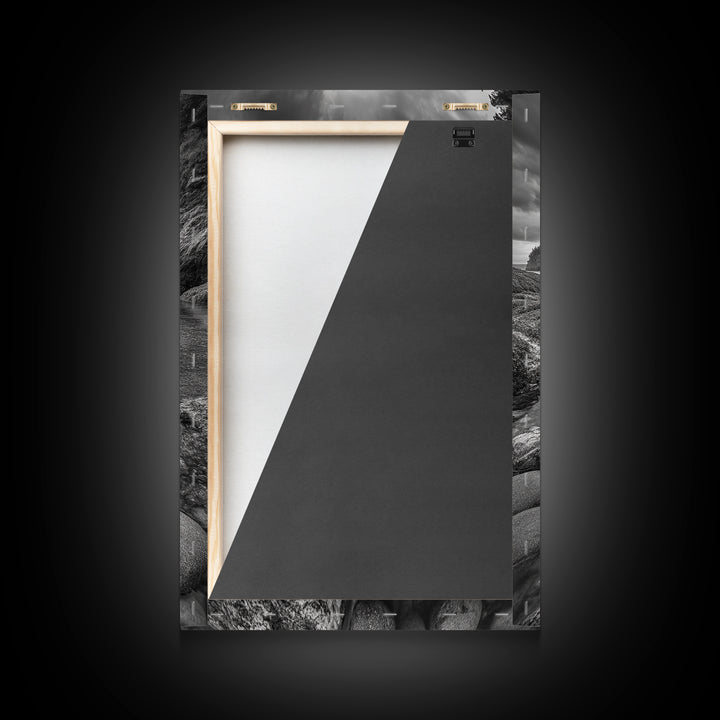 Rocky Shoreline Calm, Pebble Tidepool, Ocean Cliffs, Nature Escape, Canvas Print, Bathroom Wall Art, Black and White Coastal Art