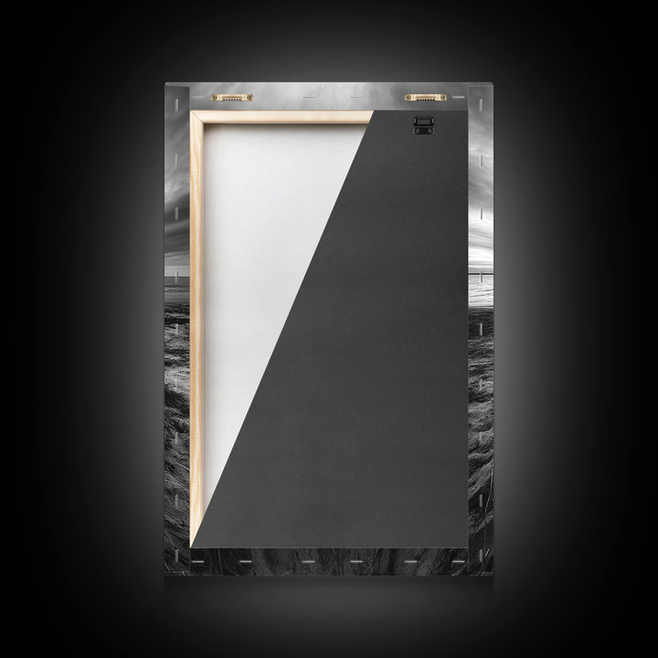 Coastal campfire glow, serene seaside bonfire, sunset flames, sandy warmth, Framed Canvas Print, Fall decor, cozy cabin wall art