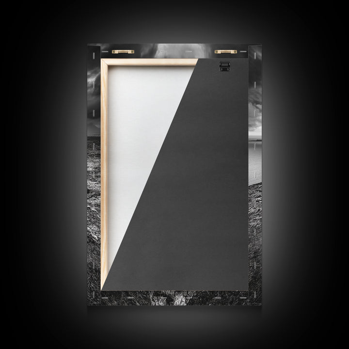 Crater Overlook Coast, Stormy Sky Mountains, Ocean Cliffs, Rugged Wilderness, Canvas Print, Den Wall Art, Moody Black and White Art