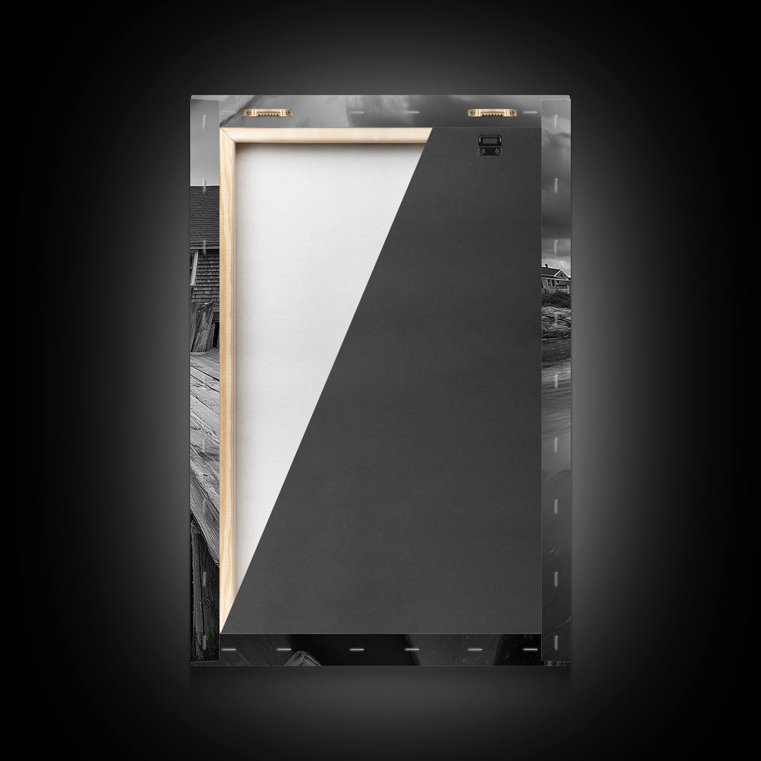 Docked Rowboat Scene, Calm Harbor, Coastal Village, Still Waters, Framed Canvas Print, Seaside Art, Beach House Wall Decor